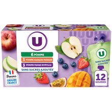 U Dessert fruitier sans sucres ajoutés purée pomme nature, pomme-mangue-passion, pomme-fraise-myrtille U, 12x90g