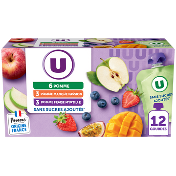 U Dessert fruitier sans sucres ajoutés purée pomme nature, pomme-mangue-passion, pomme-fraise-myrtille U, 12x90g