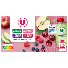 U Dessert fruitier sans sucres ajoutés purée pomme nature, pomme-framboise, pommme-myrtille, pomme-cerise U, 12x90g