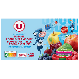 U Dessert fruitier sans sucres ajoutés purée pomme nature, pomme-framboise, pommme-myrtille, pomme-cerise U, 12x90g