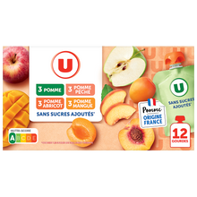 U Dessert fruitier sans sucres ajoutés purée pomme nature, pomme-pêche,pomme-abricot, pomme-mangue U, 12x90g