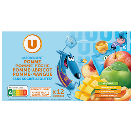 U Dessert fruitier sans sucres ajoutés purée pomme nature, pomme-pêche,pomme-abricot, pomme-mangue U, 12x90g