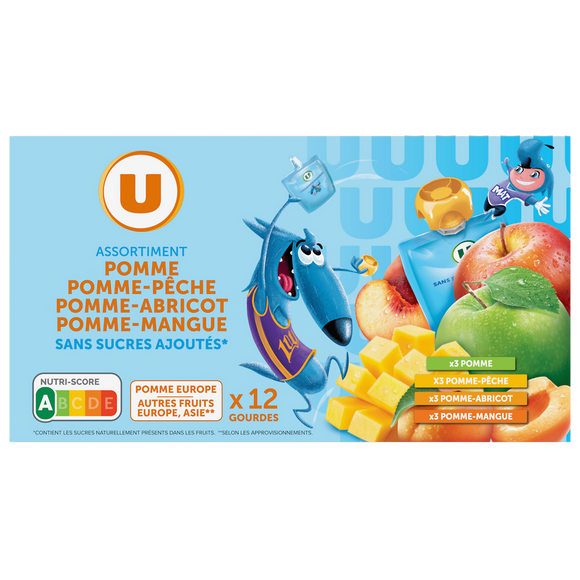 U Dessert fruitier sans sucres ajoutés purée pomme nature, pomme-pêche,pomme-abricot, pomme-mangue U, 12x90g