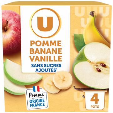 U Dessert fruitier Purée pomme banane vanille sans sucre ajoutés - coupelles 4x100g