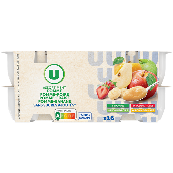 U Dessert fruitier coupelles pomme fraise poire banane sans sucres ajoutés U, 16x100g