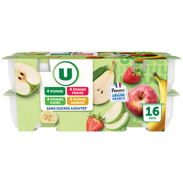 U Dessert fruitier coupelles pomme fraise poire banane sans sucres ajoutés U, 16x100g