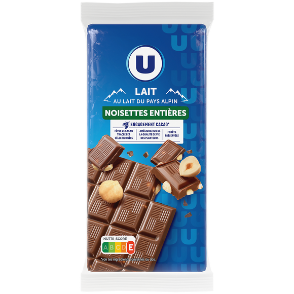 U Chocolat au lait et noisettes 2 Tablettes de 100g