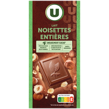 U Chocolat au lait et aux noisettes entières Tablette de 200g