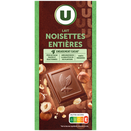 U Chocolat au lait et aux noisettes entières  Tablette de 200g