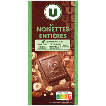 U Chocolat au lait et aux noisettes entières  Tablette de 200g