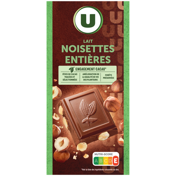 U Chocolat au lait et aux noisettes entières  Tablette de 200g