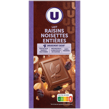 U Chocolat au lait extra raisins et noisettes Tablette de 200g