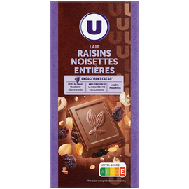 U Chocolat au lait extra raisins et noisettes  Tablette de 200g