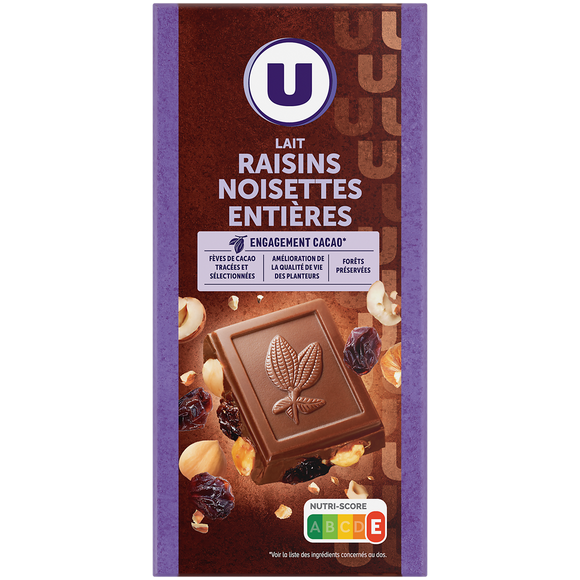U Chocolat au lait extra raisins et noisettes  Tablette de 200g