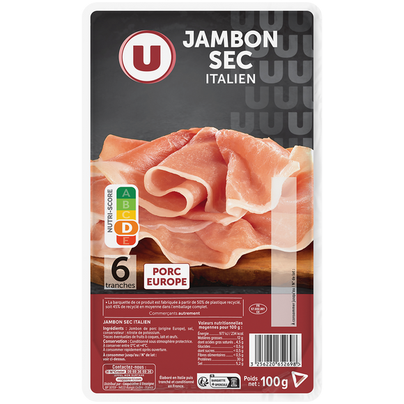 U Jambon sec Italien - x6 tranches, 100g