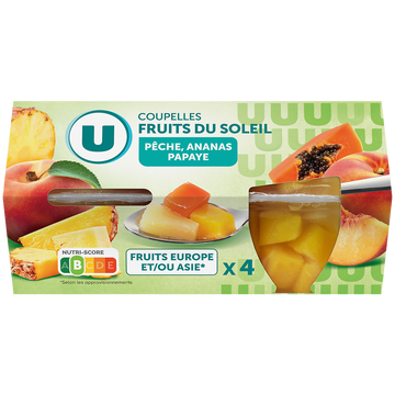 U Coupelles de fruits du soleil à la pêche, ananas et papaye  4x260g
