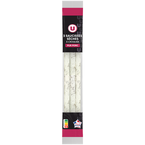 U Saucissse sèches à croquer Pur Porc - x3, 150g