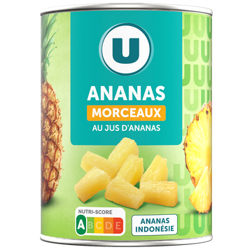 U Ananas Morceaux Pur Jus - boite 3/4 - 340g