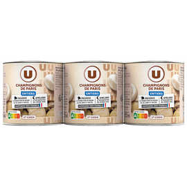 U Champignons de Paris entiers au naturel - 3 boîtes de 115g