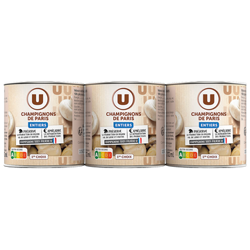 U Champignons de Paris entiers au naturel - 3 boîtes de 115g