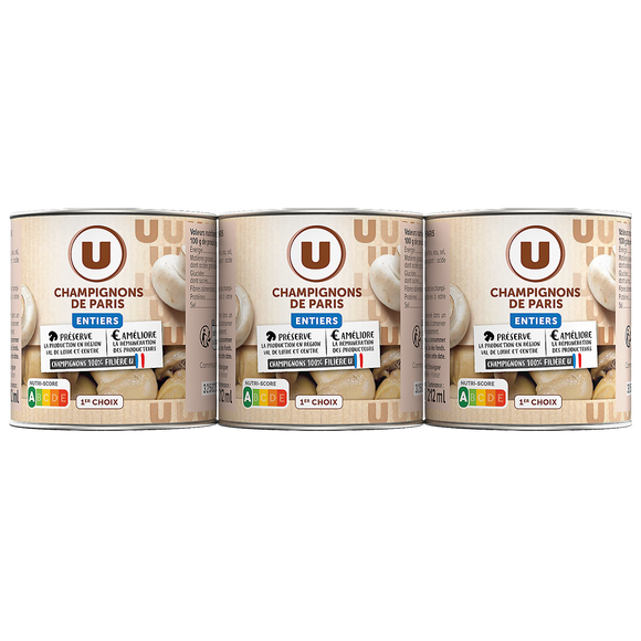 U Champignons de Paris entiers au naturel - 3 boîtes de 115g