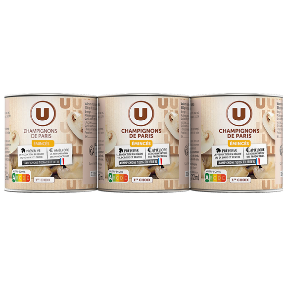 U Champignons émincés 1er choix - 3 boîtes de 115g net égoutté