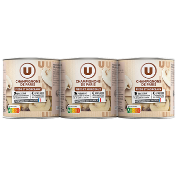 U Champignons de Paris pieds & morceaux - 3 boîtes de 115g