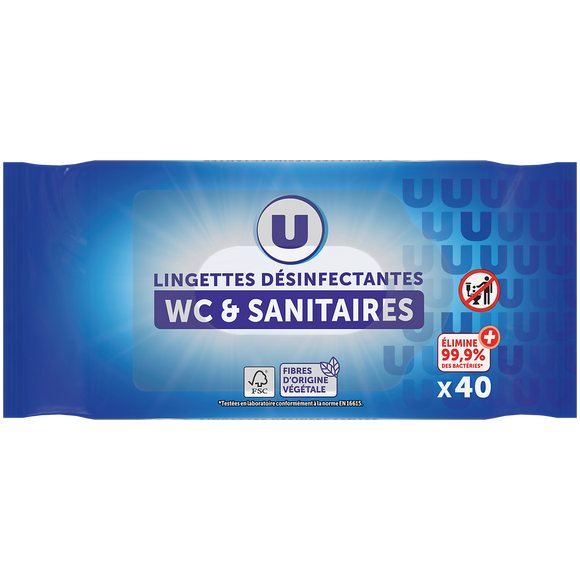 U Lingettes nettoyantes WC anti-bactériennes jetables U x32Lingettes nettoyantes WC anti-bactériennes jetables U x32