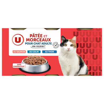 U Boîtes pour chat Pâtée & morceaux saumon MSC, colin MSC, dorade MSC -3x400g
