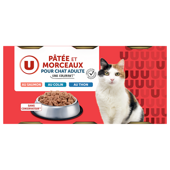 U Boîtes pour chat Pâtée & morceaux saumon MSC, colin MSC, dorade MSC -3x400g
