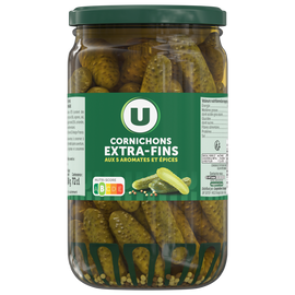 U Cornichons extra-fins au vinaigre  bocal de 72cl, 360g