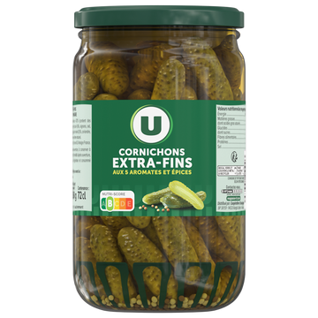 U Cornichons extra-fins au vinaigre  bocal de 72cl, 360g