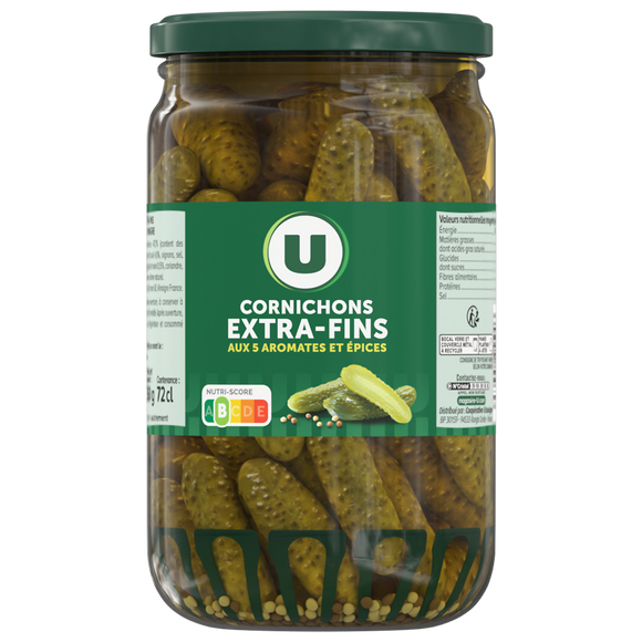 U Cornichons extra-fins au vinaigre  bocal de 72cl, 360g