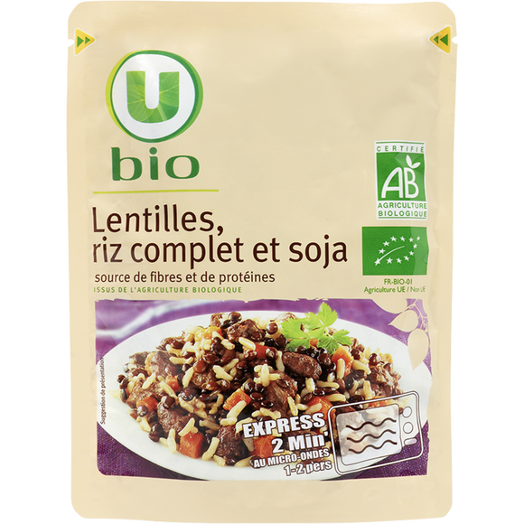 U BIO Lentilles riz complet et soja  sachet micro-ondable de 250g