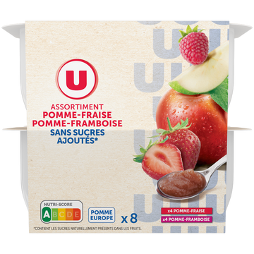 U Dessert fruitier de pommes, fraises et pommes, framboises sans sucresajoutés 8 pots de 100g