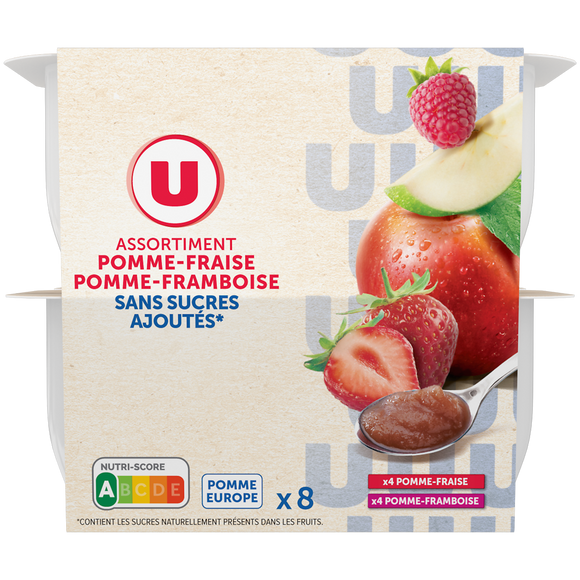 U Dessert fruitier de pommes, fraises et pommes, framboises sans sucresajoutés 8 pots de 100g