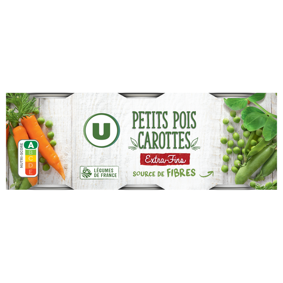 U Petits pois et carottes extra-fins - 3 boîtes de 130g net égoutté