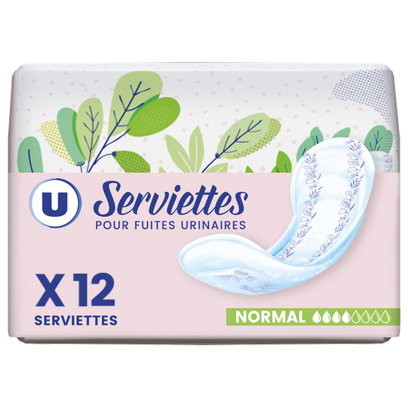U Serviettes incontinence normal pour fuites urinaires, x12