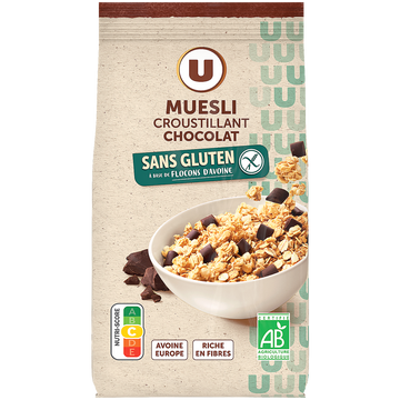U SANS GLUTEN Müesli croustillant chocolat noir bio U SANS GLUTEN, sachet de 375g