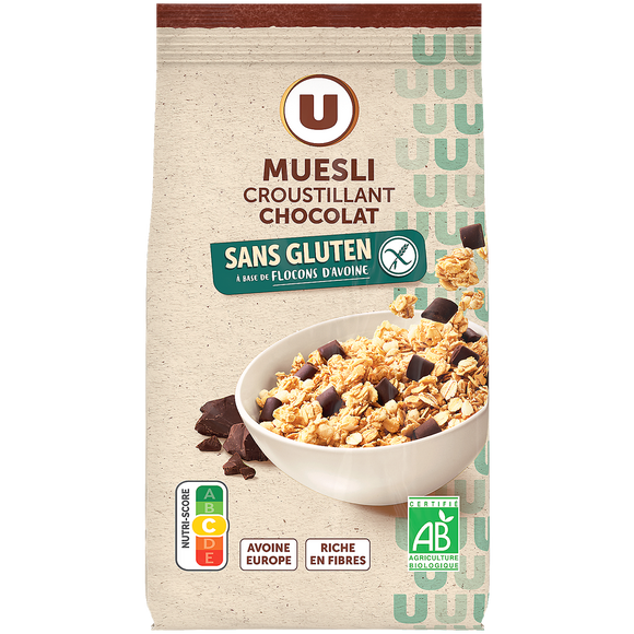 U SANS GLUTEN Müesli croustillant chocolat noir bio U SANS GLUTEN, sachet de 375g