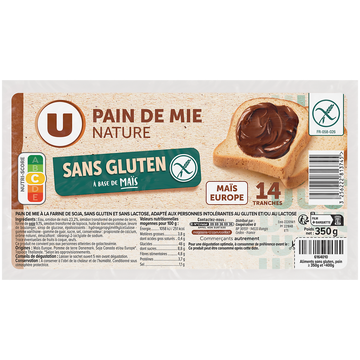 U SANS GLUTEN Pain de mie nature sans gluten sans lactose, 350g