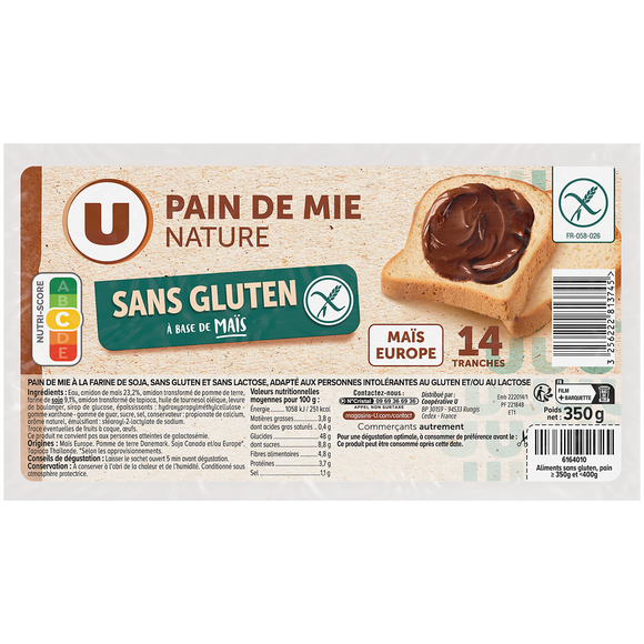 U SANS GLUTEN Pain de mie nature sans gluten sans lactose, 350g