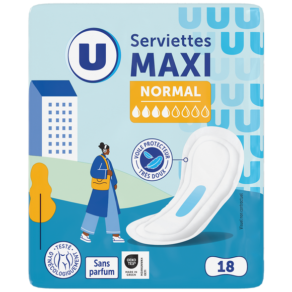 U Serviettes hygiéniques maxi normal pliées x18