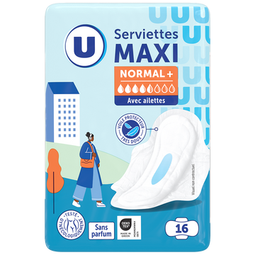 U Serviettes hygiéniques maxi normal plus pliées x16