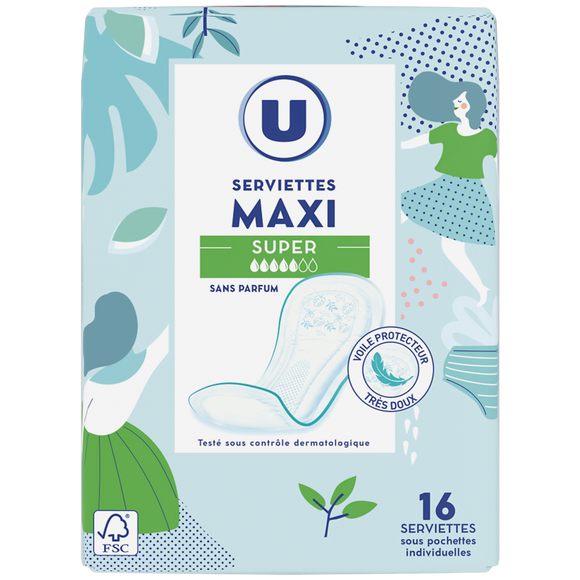 U Serviettes hygiéniques maxi super pliées  x16