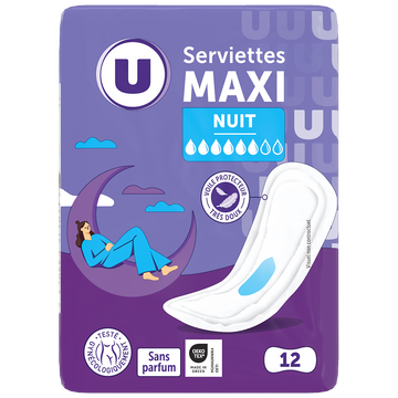 U Serviettes périodiques maxi nuit pliées x12