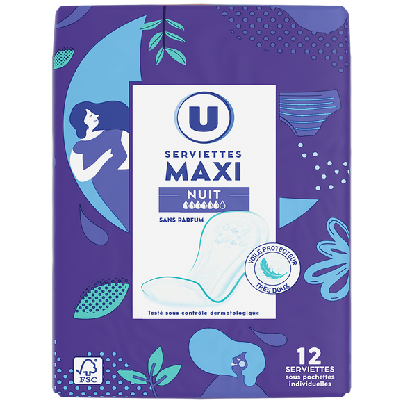 U Serviettes périodiques maxi nuit pliées  x12
