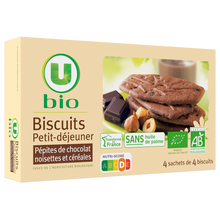 U BIO Biscuits petit déjeuner pépites chocolat et noisettes bio paquet de200g