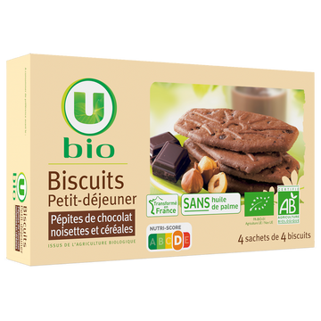 U BIO Biscuits petit déjeuner pépites chocolat et noisettes bio paquet de200g