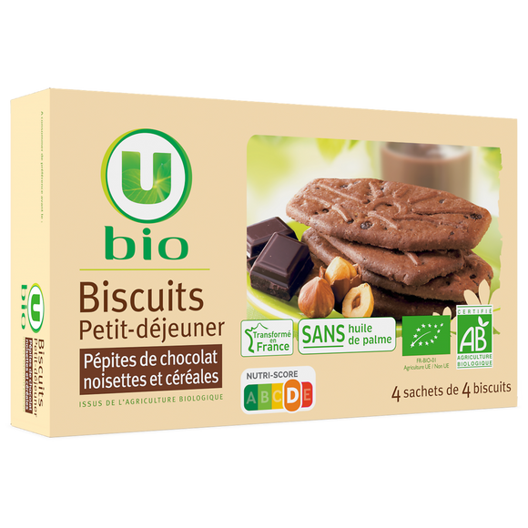 U BIO Biscuits petit déjeuner pépites chocolat et noisettes bio paquet de200g